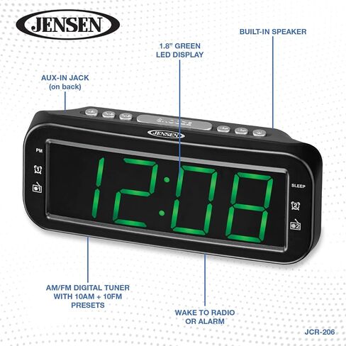 JENSEN JCR-206 Digital AM/FM Dual Alarm Clock Radio, Simple, Sleek Design with Large 1.8" Green LED Display, Aux Input, and Built-in Speaker in Saudi Arabia