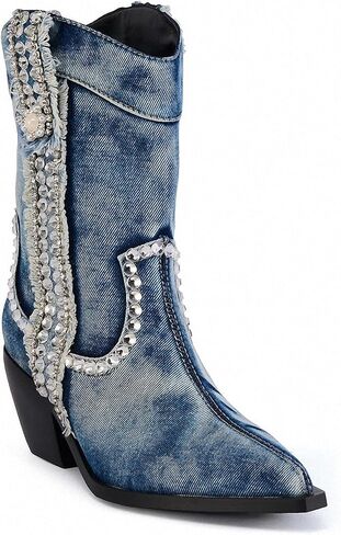 Women Denim Rhinestones Cowboy Mid Calf Boots Almond Pointed Chunky Block Heel Sparkly wide calf Western Boots in Saudi Arabia