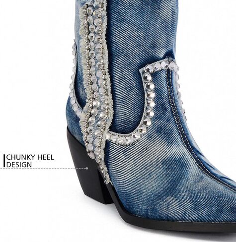 Women Denim Rhinestones Cowboy Mid Calf Boots Almond Pointed Chunky Block Heel Sparkly wide calf Western Boots in Saudi Arabia