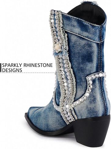 Women Denim Rhinestones Cowboy Mid Calf Boots Almond Pointed Chunky Block Heel Sparkly wide calf Western Boots in Saudi Arabia