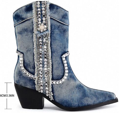 Women Denim Rhinestones Cowboy Mid Calf Boots Almond Pointed Chunky Block Heel Sparkly wide calf Western Boots in Saudi Arabia