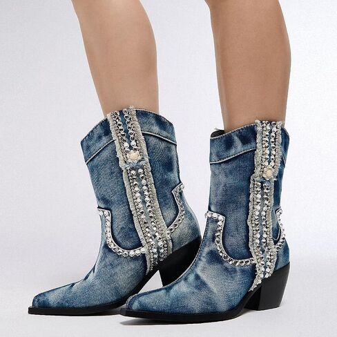 Women Denim Rhinestones Cowboy Mid Calf Boots Almond Pointed Chunky Block Heel Sparkly wide calf Western Boots in Saudi Arabia