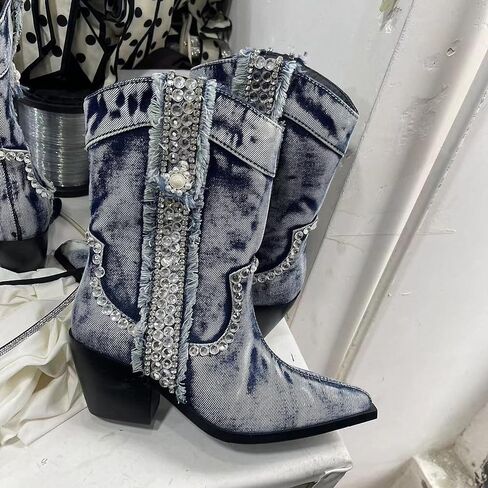 Women Denim Rhinestones Cowboy Mid Calf Boots Almond Pointed Chunky Block Heel Sparkly wide calf Western Boots in Saudi Arabia