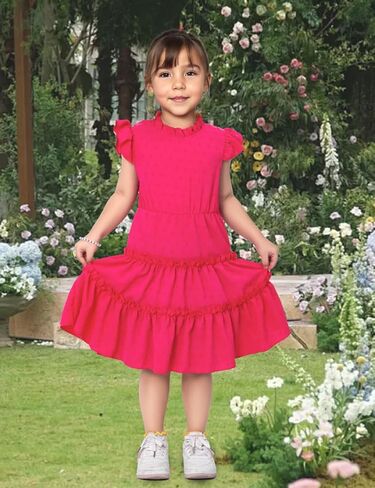 Toddler Girl Dress Hot Pink Flutter Sleeve Tiered Twirl A-Line Dress Summer Outfits Beach Party Sundress 2-7 Years in Saudi Arabia