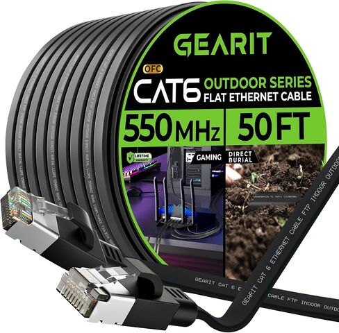 GearIT Cat 6 Outdoor Flat Ethernet Cable (50ft, Black) Direct Burial Rated LLDPE Jacket - Indoor Cat6 Shielded FTP 10Gbps High Speed Gaming Computer Network RJ45 Snagless Patch Cord Internet in Saudi Arabia