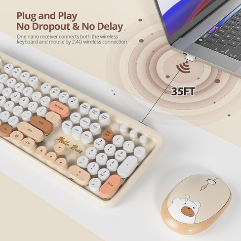 Typewriter Wireless Keyboard and Mouse Combo,2.4G Office 104 Keys Full Size Retro Punk Keyboard,Cute Blue Keyboard with Round Keycaps for Laptop PC Desktops(Bear Blue) in Kuwait