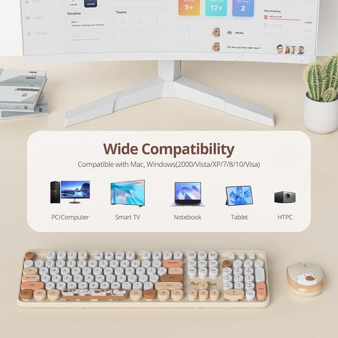 Typewriter Wireless Keyboard and Mouse Combo,2.4G Office 104 Keys Full Size Retro Punk Keyboard,Cute Blue Keyboard with Round Keycaps for Laptop PC Desktops(Bear Blue) in Kuwait