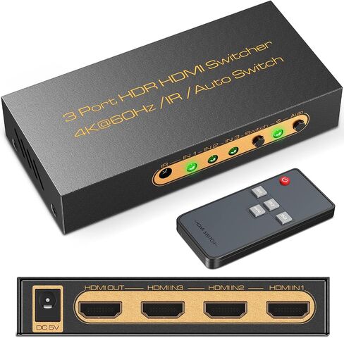HDMI Switch 4k@60hz Splitter, 3 in 1 Out with IR Remote HDMI 2.0 Video Selector Switch Box,Manual+Auto HDMI Hub Supports HDR, 3D, HDCP2.2 Compatible with PC, Xbox, PS5 / PS4, Switch,DVD,Fire Stick in Saudi Arabia