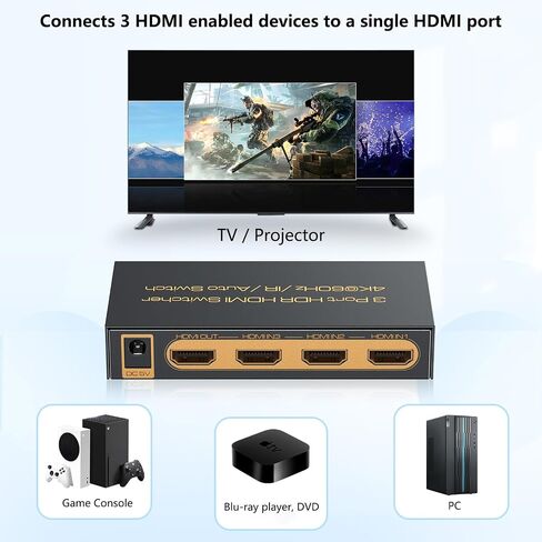 HDMI Switch 4k@60hz Splitter, 3 in 1 Out with IR Remote HDMI 2.0 Video Selector Switch Box,Manual+Auto HDMI Hub Supports HDR, 3D, HDCP2.2 Compatible with PC, Xbox, PS5 / PS4, Switch,DVD,Fire Stick in Saudi Arabia