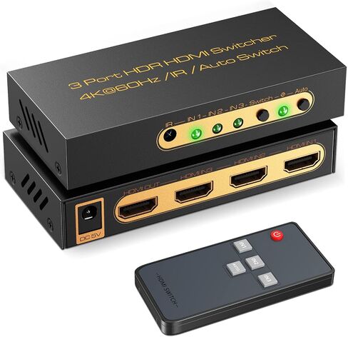 HDMI Switch 4k@60hz Splitter, 3 in 1 Out with IR Remote HDMI 2.0 Video Selector Switch Box,Manual+Auto HDMI Hub Supports HDR, 3D, HDCP2.2 Compatible with PC, Xbox, PS5 / PS4, Switch,DVD,Fire Stick in Saudi Arabia