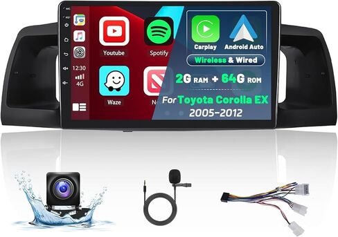 Roinvou 4+64G Android Carplay Stereo for Toyota Corolla EX 2005-2012, 9" Touch Screen Carplay Android Auto with 32EQ Bluetooth WiFi GPS Navigation Mirror Link 1280 * 720 Resolution in Kuwait