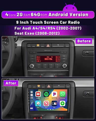 Hikity 2+64GB Android 13 Carplay Stereo for Audi A4/S4/RS4 (2002-2007) Seat Exeo (2008-2012) Radio with Wireless Carplay Android Auto, 9 Inch Touchscreen HiFi WiFi Bluetooth GPS FM Backup Cam Mic in Saudi Arabia