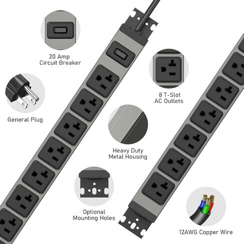 JUNNUJ Heavy Duty Power Strip Wall Mount, 20 Amp Surge Protector 1200J Metal 8 Outlet Under Desk Mounted 20A, Garage Power Table Socket Industrial Outlets 6-20R T-Slot, 10FT 12AWG Extension Cord in Saudi Arabia