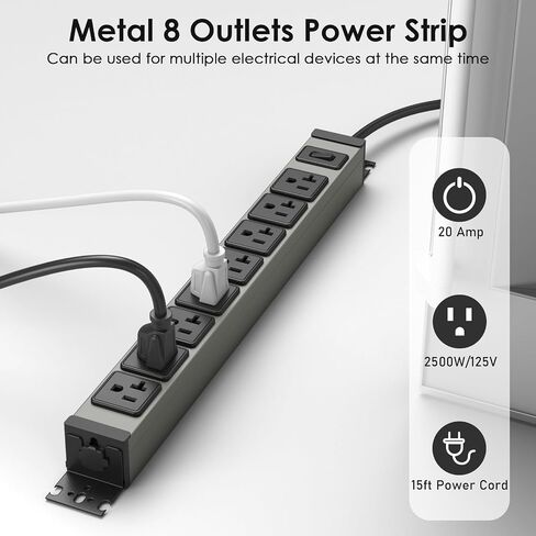 JUNNUJ Heavy Duty Power Strip Wall Mount, 20 Amp Surge Protector 1200J Metal 8 Outlet Under Desk Mounted 20A, Garage Power Table Socket Industrial Outlets 6-20R T-Slot, 10FT 12AWG Extension Cord in Saudi Arabia