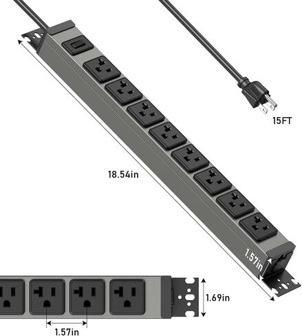 JUNNUJ Heavy Duty Power Strip Wall Mount, 20 Amp Surge Protector 1200J Metal 8 Outlet Under Desk Mounted 20A, Garage Power Table Socket Industrial Outlets 6-20R T-Slot, 10FT 12AWG Extension Cord in Saudi Arabia