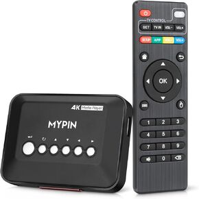 4K@30hz HDMI TV Media Player with HDMI/AV Output, Digital MP4 Player for 14TB HDD/ 512G USB Drive/SD Card/H.265 MP4, with Remote Control for MP3 AVI RMVB MPEG etc