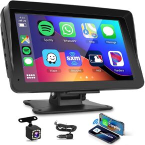 Podofo Portable Car Stereo Wireless Apple Carplay Android Auto,7 Inch Touch Screen Car Radio with Bluetooth Hands-Free/Mirror Link/Maps Navigation/Voice Control/TF Card/AUX/HD Rear Camera