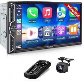SJoyBring Double Din Car Stereo with Wireless CarPlay and Android Auto, 4.2-Channel Audio Output, Bluetooth, MirrorLink, 7" HD QLED Touchscreen, Backup Camera, AM/FM Car Radio