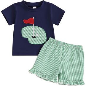 Toddler Baby Girl Golf Outfit Golf Hole T Shirts Top Ruffle Plaid Shorts Set 2Pcs Golf Birthday Infant Summer Clothes