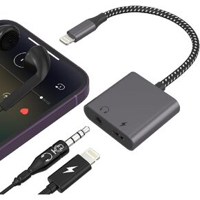 2 in 1 Apple Dongle Headphone Jack and Charger, Lightning to 3.5mm Jack Audio Adapter, iPhone Microphone Adapter for Live-Streaming, Charger Lightning Splitter Dongle for iPhone 14/13/12/11/ iPad/iOS