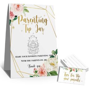 Parenting Tip Jar Sign, Parenting Advice Card, Advice for New Parents, Pink Rose Gold Green Baby Shower Party(1Sign+50, TCards), Tips for the Parents To Be