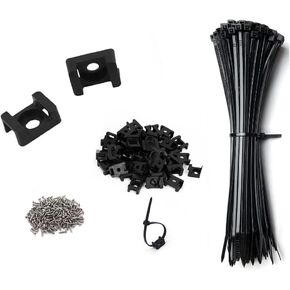 60 Set Black Cable Zip Tie Mounts Kit,Wire Cable Clips Organizer Holders Clamps，Cable Zip Tie Saddle Type Mounts Base with 8" Cable Ties and Tapping Screw.