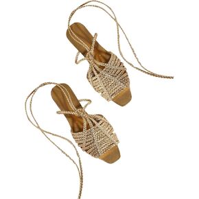 GORGLITTER Women's Metallic Braided Lace Up Flat Sandals Criss Cross Strappy Square Open Toe Slide Shoes