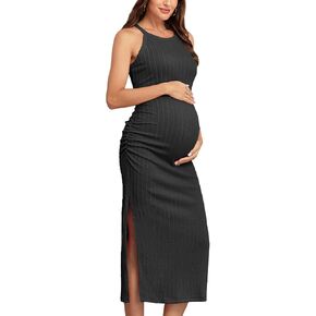 2024 Ribbed Summer Maternity Bodycon Dress Sleeveless Halter Neck Ruched Slit Pregnancy Long Dress Baby Shower Casual