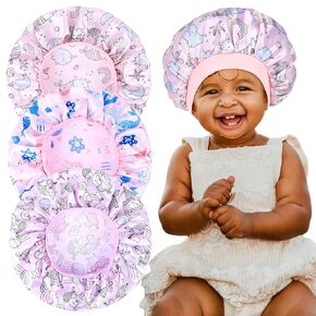 3 Pieces Kids Unicorn Satin Bonnet Wide Elastic Band Sleeping Cap Soft Silk Double Layer Night Hair Hats for Teens Toddler Child Baby