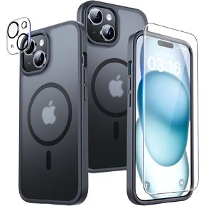 TAURI 5 in 1 Magnetic Case for iPhone 15 Plus [Military Grade Drop Protection] with 2X Screen Protector + 2X Camera Lens Protector, Translucent Matte Slim Fit for iPhone 15 Plus Case Mag-Safe-Black