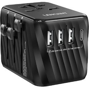 LENCENT Universal Travel Power Adapter, International AC Plug Adaptor with 3 USB A Ports 1 Type C PD Wall Charger Worldwide Travel Essentials for US to EU UK Ireland Australia (Type C/G/A/I) Black