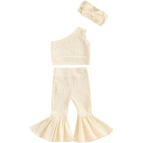 Toddler Baby Girl Clothes Solid Color One Shoulder Ribbed Tank Top Flare Pants Headband Set 3Pcs Summer Outfits