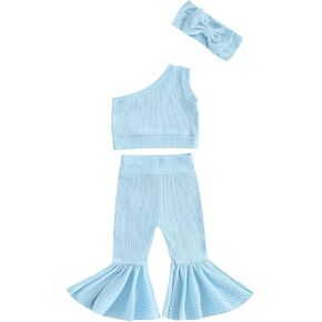 Toddler Baby Girl Clothes Solid Color One Shoulder Ribbed Tank Top Flare Pants Headband Set 3Pcs Summer Outfits