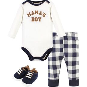 Hudson Baby Unisex Baby Cotton Bodysuit, Pant and Shoe Set, Brown Navy Mamas Boy, 0-3 Months