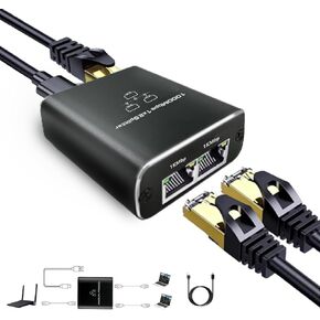 Gigabit Ethernet Splitter, 1000Mbps Ethernet Splitter 1 to 2 High Speed -2 Devices Simultaneously Networking,Either Internet Splitter with USB Power Cable, RJ45 LAN Splitter for Cat 5e/5/6/7/8 Cable