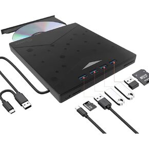 External DVD CD Burner, External CD DVD Drive, USB 3.0 with 4 USB Ports and 2 TF/SD Card Readers, Ultra Slim External CD/DVD Drive for Mac Laptop, Windows 11/10/8/7 PC, Linux OS, RGB