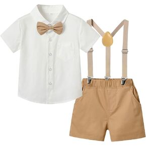 Baby boy gentleman clothing set, baby short-sleeved shirt + straps + shorts + bow tie 4 pieces set