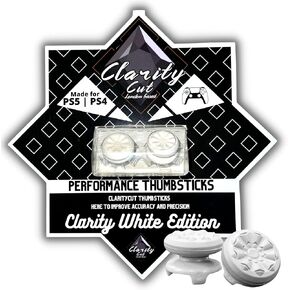 CLARITY CUT | WHITE EDITION | Thumb Grips Compatible for PlayStation 4 (PS4) and PlayStation 5 (PS5) | 1 High-Rise, 1 Mid-Rise | White Edition