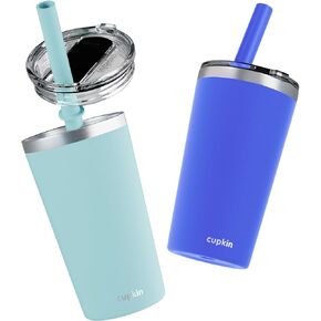CUPKIN Toddler Cups with Straws, The Original 8 oz Stackable Stainless Steel Baby Straw Cup, Set of 2 Kids Cups, Powder Coated Insulated Kids Tumblers, No BPA Lids + Silicone Straws (Blue + Green)