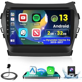 ستيريو سيارة 8-Core 4+64G Android 13 لسيارة Hyundai Santa Fe IX45 2013-2017 ترقية راديو، شاشة لمس عالية الدقة مقاس 9 بوصة مع CarPlay اللاسلكي وAndroid Auto، كاميرا احتياطية AHD، وصلة مرآة، GPS Navi