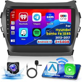8-Core 4+64G Android 13 Car Stereo for Hyundai Santa Fe IX45 2013-2017 Upgrade Radio, 9'' HD Touch Screen with Wireless CarPlay & Android Auto, AHD Backup Camera, Mirror Link, GPS Navi