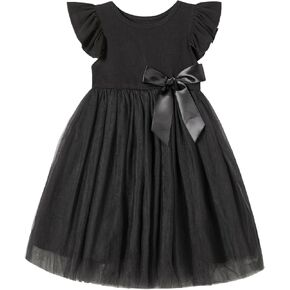 Rysly Toddler Girls Ruffle Sleeve Tulle Dress Elastic Waist Bow Kid Casual Sundress