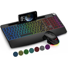 Wireless Keyboard and Mouse Combo Backlit, 2.4G Rechargeable Ergonomic Gaming Keyboard with Wrist Rest, Phone Holder, Volume Knob, Silent Light Up Keyboard with Mouse for Computer Laptop