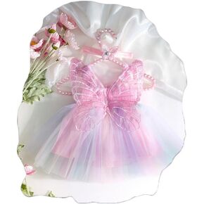 Newborn Photography Outfits Girls Fairy Wings Butterfly Sleeveless Tulle Dress Newborn Photography Props Baby Girl Elastic Waist Romper Dress and Headband Infant Photoshoot Outfits Multicolor