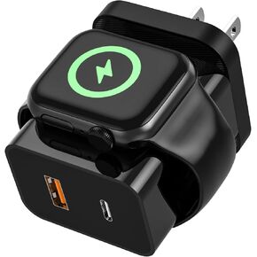for Apple Watch Charger,20W 3-in-1 Fast Charging Block with Magnetic Wireless Charging and Dual Ports, Portable USB C PD Travel Plug Compatible with iPhone, Apple Watch Series,Black