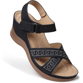 SHIBEVER Wedge Sandals for Women Dressy: Comfortable Summer Low Sandal - Rhinestone Bling Open Toe Sandals