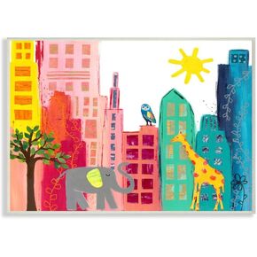 Stupell Industries Kid's Safari Animal City Scene Elephant Giraffe Owl, Designed by Jennifer McCully Art, 10x15, Wall Plaque