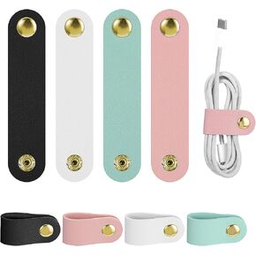 8Pcs Cord Organizer, Leather Cable Straps Reusable Cable Ties Clips Portable Cable Organizer Holder Keeper Manager for USB Data Holder Earphone Cable（White, Black, Green, Pink)