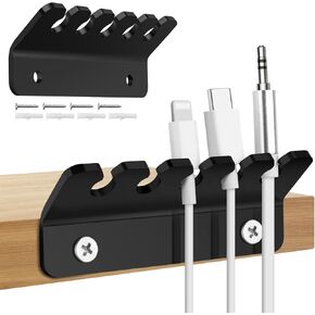 Cable Holder Clips, Acrylic Cable Management Cord Organizer with 5 Clips for USB Charging Cable, Micro Cables and Other Wires, Screw Mount on Wall and Desk, 2 PCS (Black)