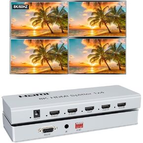 HDMI 2.1 Splitter 8K@60Hz, HDMI Splitter 1 in 4 Out, Multiple HDMI Adapter for TV Monitor, HDMI 2.1 Switch,Multi HDMI Port Switch Support 4k@120hz 40Gbps, Support EDID/HDR/3D/CEC/Output Downscaling